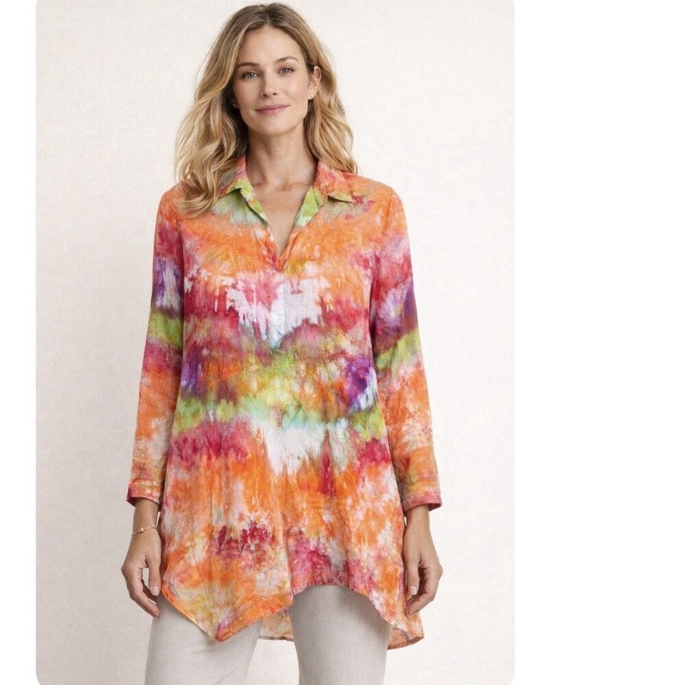 J Jill Pure Jill Linen Tie Dye Tunic Top Medium Long Sleeve Asymmetrical Hem